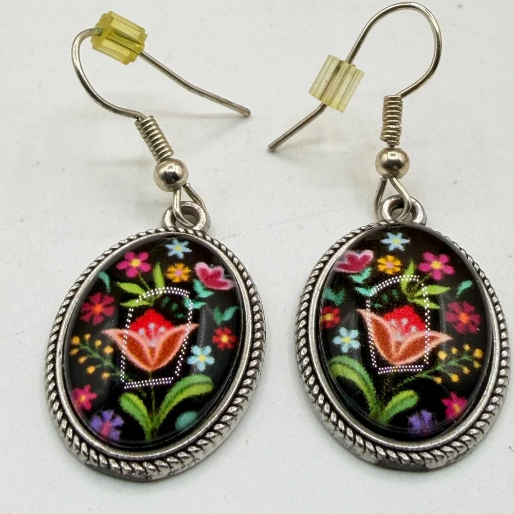 Floral Folk Art Earrings Black Multicolor Flower Oval Silver Tone Dangle Pair